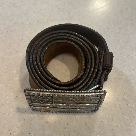 Justin Boots Silver and Brown High American Flag Belt Size 38 - Picture 2 of 5